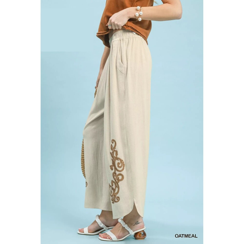 Umgee Linen Embroidered Wide-Leg Boho Pants - Picture 2 of 5